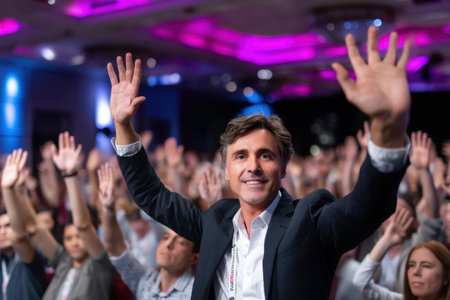 Audience members raise their hands eagerly during a lively session at a conference event.の素材