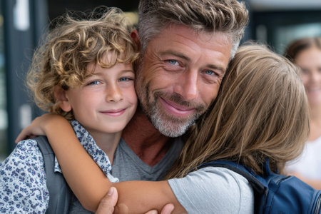 Two children warmly hug an adult male, showing a moment of love and connection at a busy location.の素材