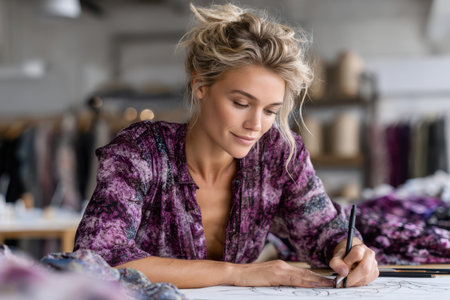 A designer focuses intently while sketching stylish fashion ideas in a bright, creative studio setting.の素材