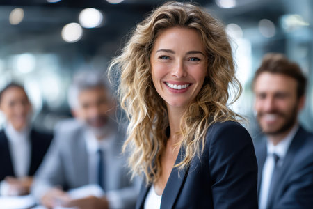 Businesswoman with curly hair smiles while attending a meeting in a bright office with colleagues.の素材