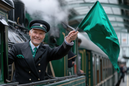 A cheerful conductor in uniform waves a green flag at an old-fashioned train station as steam rises.の素材