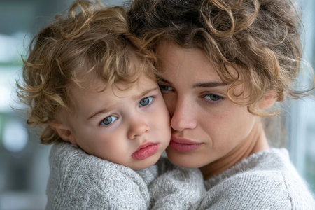 A mother embraces her child, showing love and affection in a warm indoor environment.の素材