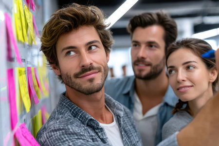 Three colleagues engage in brainstorming activities, writing on colorful sticky notes in a contemporary office.の素材