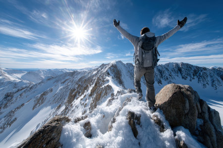 A person stands triumphantly on a snow-covered mountain peak with arms raised, enjoying the sun and view.の素材