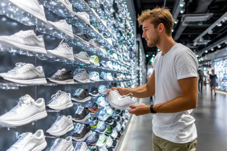 A young man browses a variety of athletic shoes in a well-lit sports store. He examines a pair closely.の素材