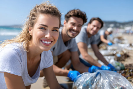 Groups of volunteers gather on the beach, collecting trash and debris while enjoying the sunshine and ocean view.の素材