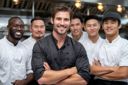 Chefs pose proudly in a modern kitchen, highlighting their camaraderie and dedication to culinary arts.の素材