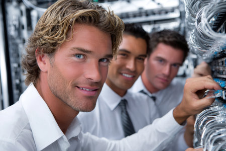 IT specialists collaborate on server maintenance in a busy data center, ensuring optimal performance.の素材