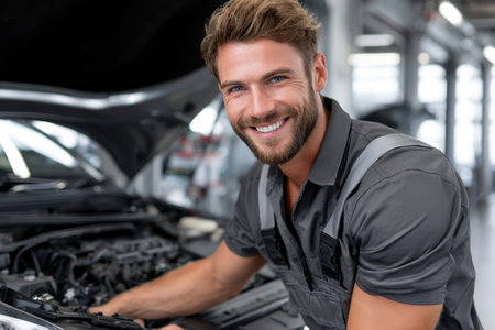 A mechanic repairs a car engine in a well-lit auto shop, smiling while focused on his work.の素材