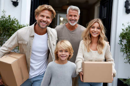 A happy family is gathered at the entrance of their home, joyfully carrying boxes and smiling together.の素材