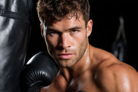 Strong boxer focuses intently while training with a heavy bag in a dimly lit gym setting.の素材