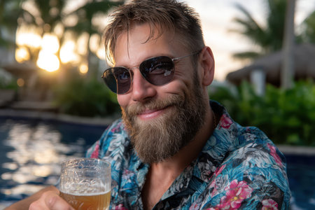 A man with sunglasses smiles while holding a drink by the pool as the sun sets in a tropical setting.の素材