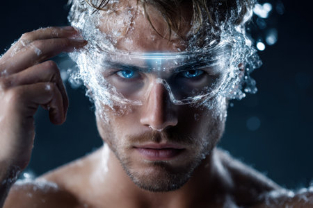 A man removes futuristic goggles while water splashes around him in a dramatic, artistic moment.の素材