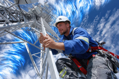 Technician ascends a tall tower, focused on maintenance work amidst dramatic blue skies.の素材