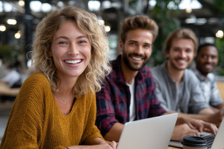 Four friends collaborate at a coworking space, sharing ideas and enjoying each other's company.の素材