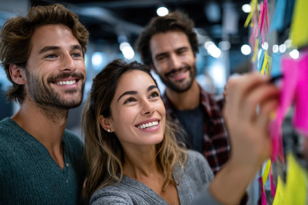 Group of three colleagues brainstorming together, smiling while arranging sticky notes in an office setting.の素材