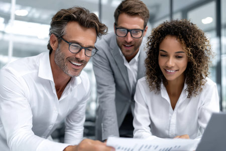 Three colleagues engage in a focused discussion about documents, surrounded by a sleek office environment.の素材