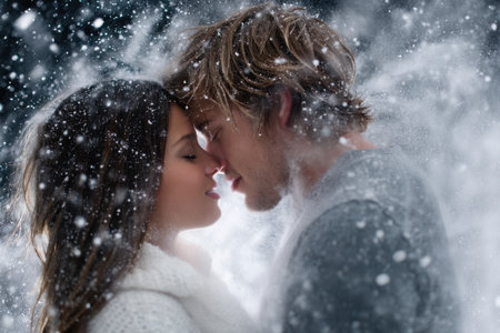 Two people embrace closely amidst falling snowflakes on a winter evening, capturing a tender moment.の素材