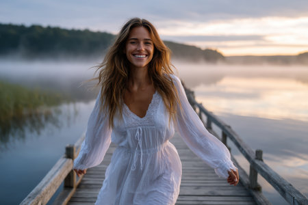 Woman wearing a white dress strolls joyfully along a wooden pier at dawn, surrounded by tranquil water and fog.の素材