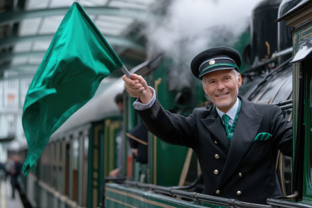 A cheerful conductor in uniform waves a green flag at an old-fashioned train station as steam rises.の素材
