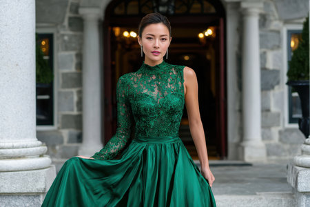 A woman in a gorgeous green lace gown stands confidently at a beautiful building's entrance.の素材