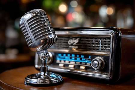 Antique microphone stands next to a classic radio on a wooden table in a warm, inviting lounge.の素材