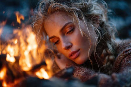 A woman with long braided hair sits next to a warm campfire, lost in thought as flames dance around her.の素材