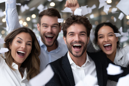 Four colleagues cheer and celebrate a milestone achievement in a lively office filled with confetti.の素材
