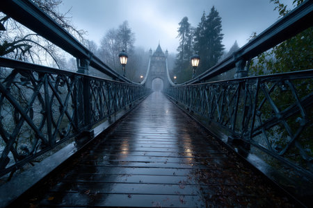 A serene bridge covered in mist connects to a castle in the distance, creating an enchanting and mysterious atmosphere.の素材
