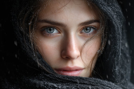 A young woman wrapped in a dark scarf gazes thoughtfully as snowflakes softly fall around her.の素材