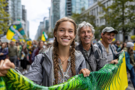 People enthusiastically march with banners, showing support for environmental causes in the city.の素材