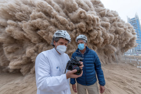 Two men wearing helmets and masks stand in front of a massive sandstorm while taking photographs in an urban area.の素材