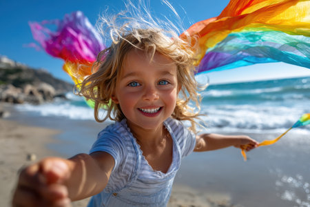 A happy child spins on the beach while holding vibrant, flowing fabric, enjoying a sunny day by the sea.の素材