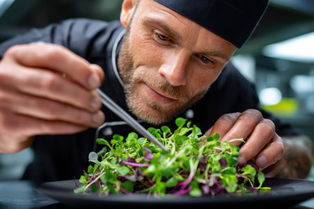 Culinary expert focuses on plating a vibrant salad with fresh greens in an upscale kitchen setting.の素材