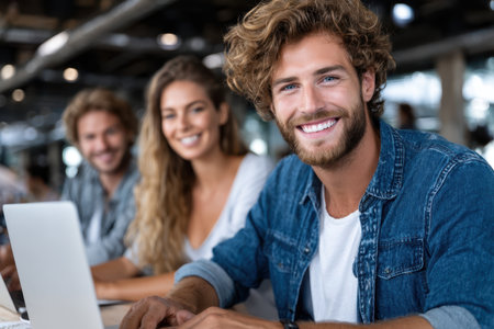 A group is collaborating in a stylish co-working space, sharing ideas and smiling as they work together.の素材