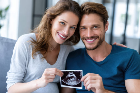 Happy couple poses on their couch, excitedly showing their baby ultrasound picture at home.の素材