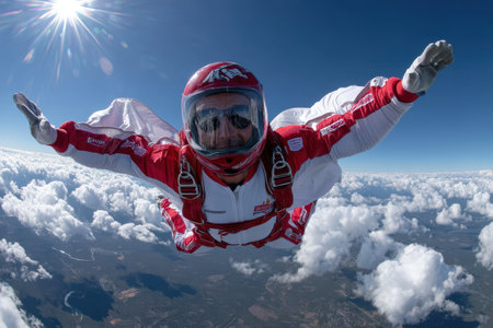 A skilled skydiver glides effortlessly in a wingsuit, surrounded by white clouds under bright sunlight.の素材