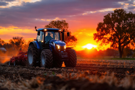 A blue tractor is plowing the fields as the sun sets, creating a picturesque rural landscape and vibrant sky.の素材