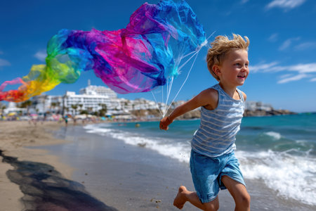 A joyful child runs along the sandy beach, waving a vibrant ribbon against a backdrop of ocean waves and buildings.の素材