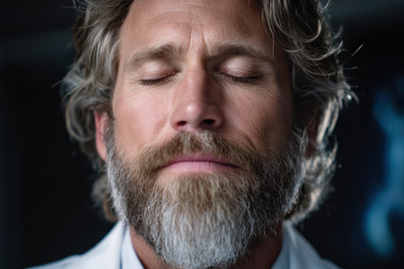 A healthcare professional with a beard practices meditation in a clinic, enhancing focus and mindfulness.の素材