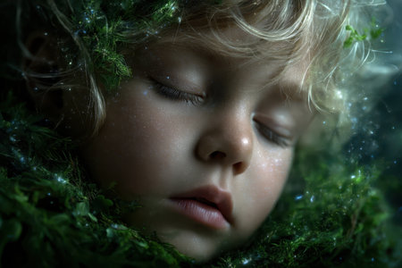 A young child lies asleep surrounded by lush moss and ethereal light, creating a serene atmosphere at dusk.の素材