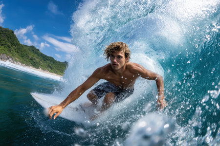 A young man surfs aggressively through a powerful wave while enjoying the warm sun and tropical environment.の素材