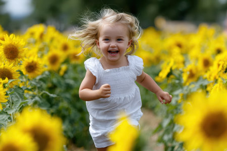 A cheerful young girl plays in a vibrant sunflower field, surrounded by bright yellow blooms.の素材