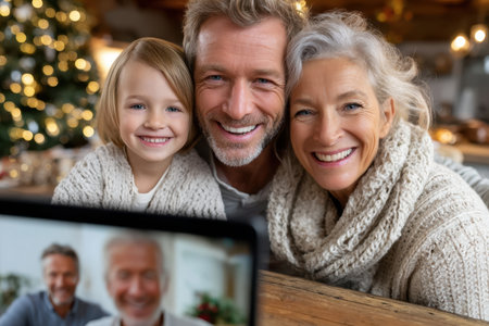 A joyful family smiles at the camera while connected via video call, surrounded by holiday decorations.の素材