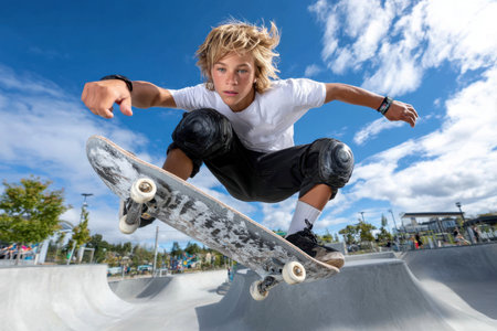 A young boy executes an impressive jump on his skateboard while showcasing his skills at a skate park.の素材