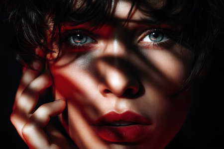 A close-up of a woman's face showcases striking features and intricate shadows giving a moody atmosphere.の素材