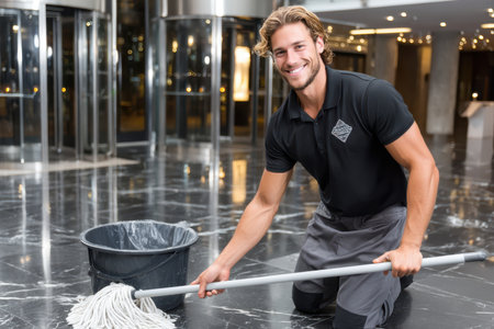 A man wearing a black shirt cleans the marble floor of a hotel lobby with a mop and bucket, smiling.の素材