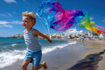 A joyful child runs along the sandy beach, waving a vibrant ribbon against a backdrop of ocean waves and buildings.の素材