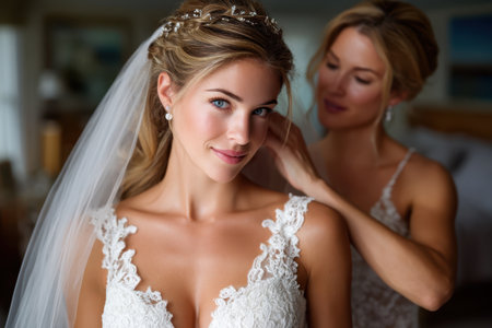 A bride is getting ready with the assistance of her friend in a calm environment, showing joy and elegance.の素材