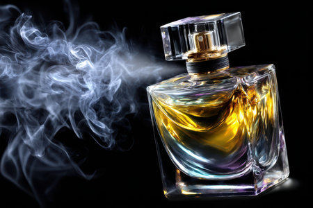 A beautifully crafted perfume bottle releases a fragrant mist in a dark setting, creating an enchanting atmosphere.の素材